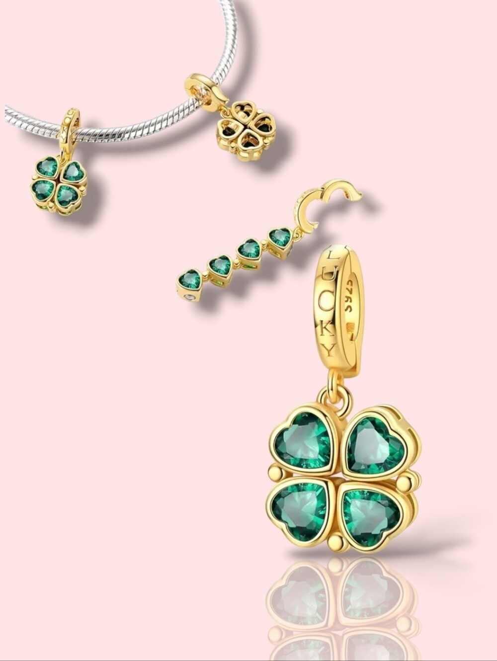 NEW💚 Pandora-like Gold-Plated S925 Lucky Four-Leaf Clover Openable Dangle Charm
